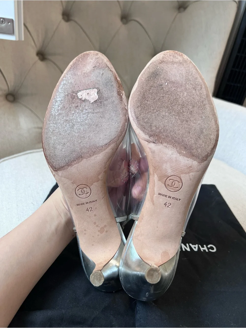 Chanel Silver Cap-Toe Slingback Ballet cat heel